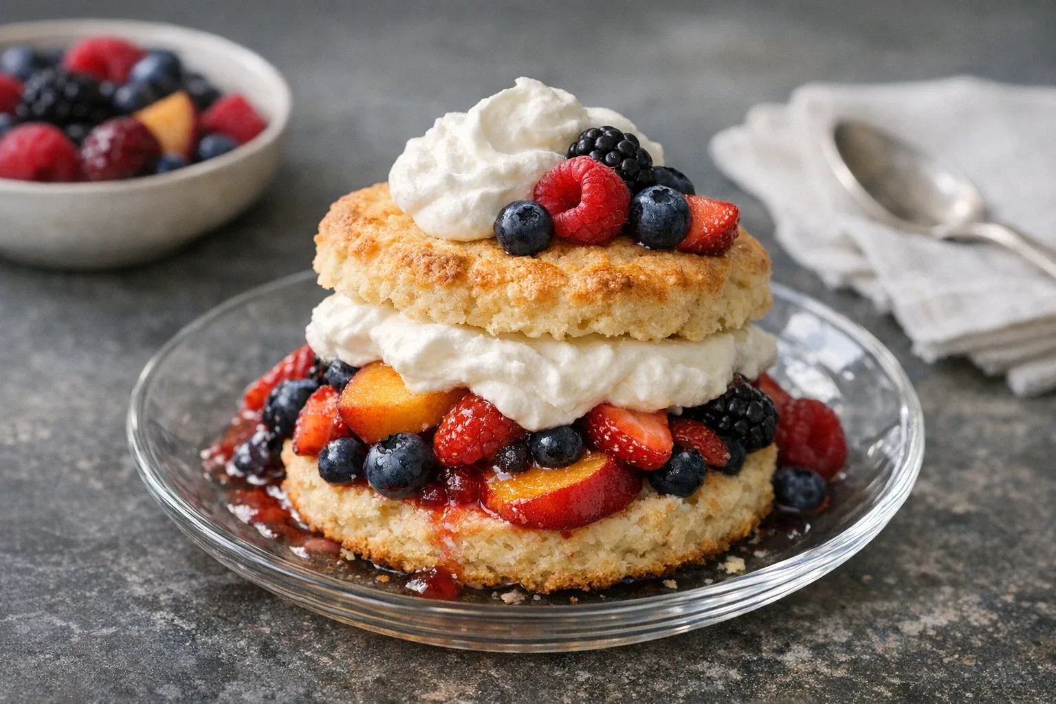 Southern Peach and Mixed Berry Shortcake with Whipped Cream
