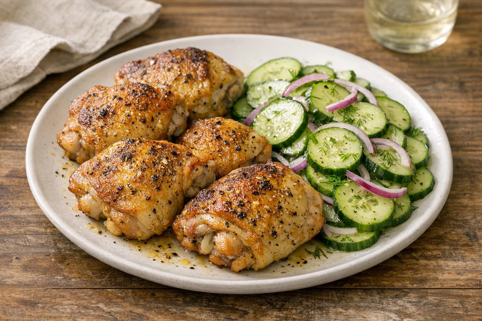 Lemon Pepper Air-Fryer Chicken Thighs with Cucumber Salad