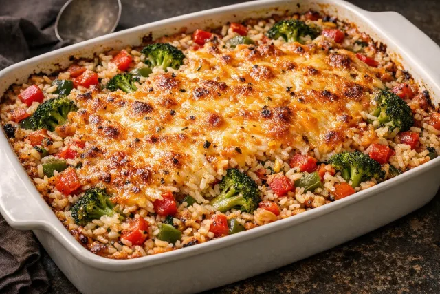 Tomato Pepper Baked Rice and Broccoli Casserole