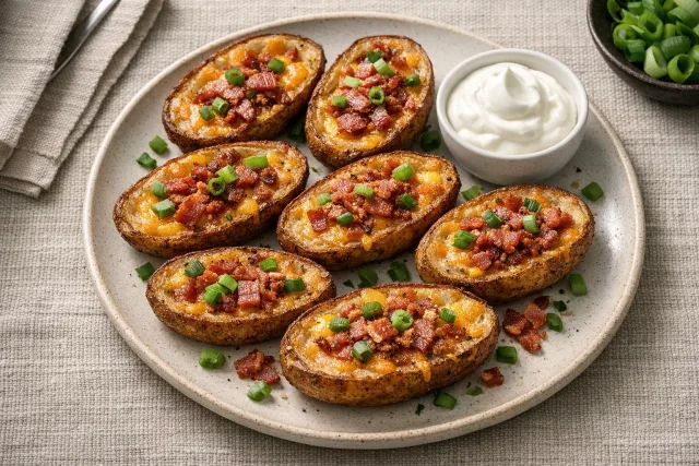 Crispy Air Fryer Potato Skins with Cheddar and Bacon