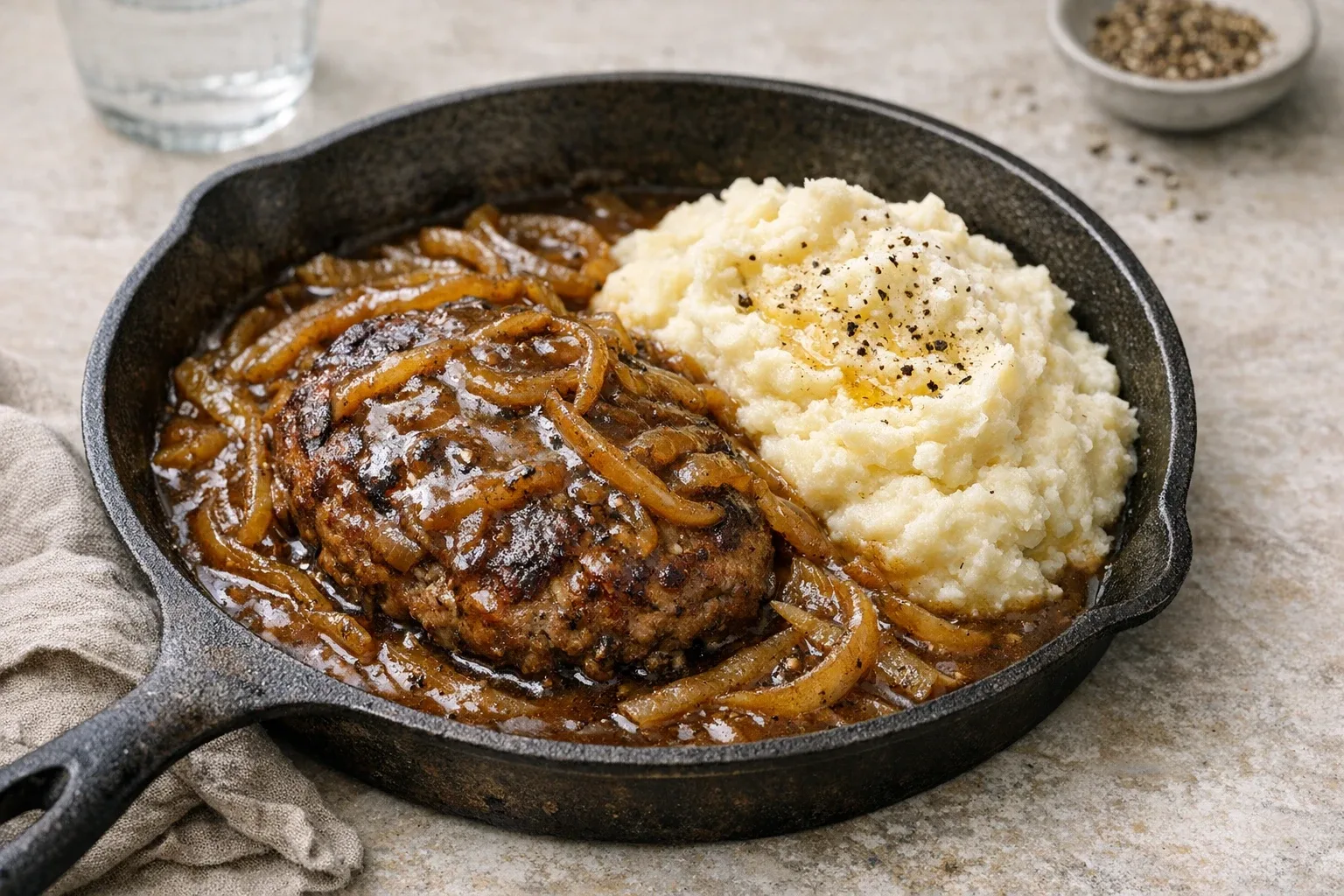 Smothered Hamburger Steaks with Onion Gravy and Mashed Potatoes