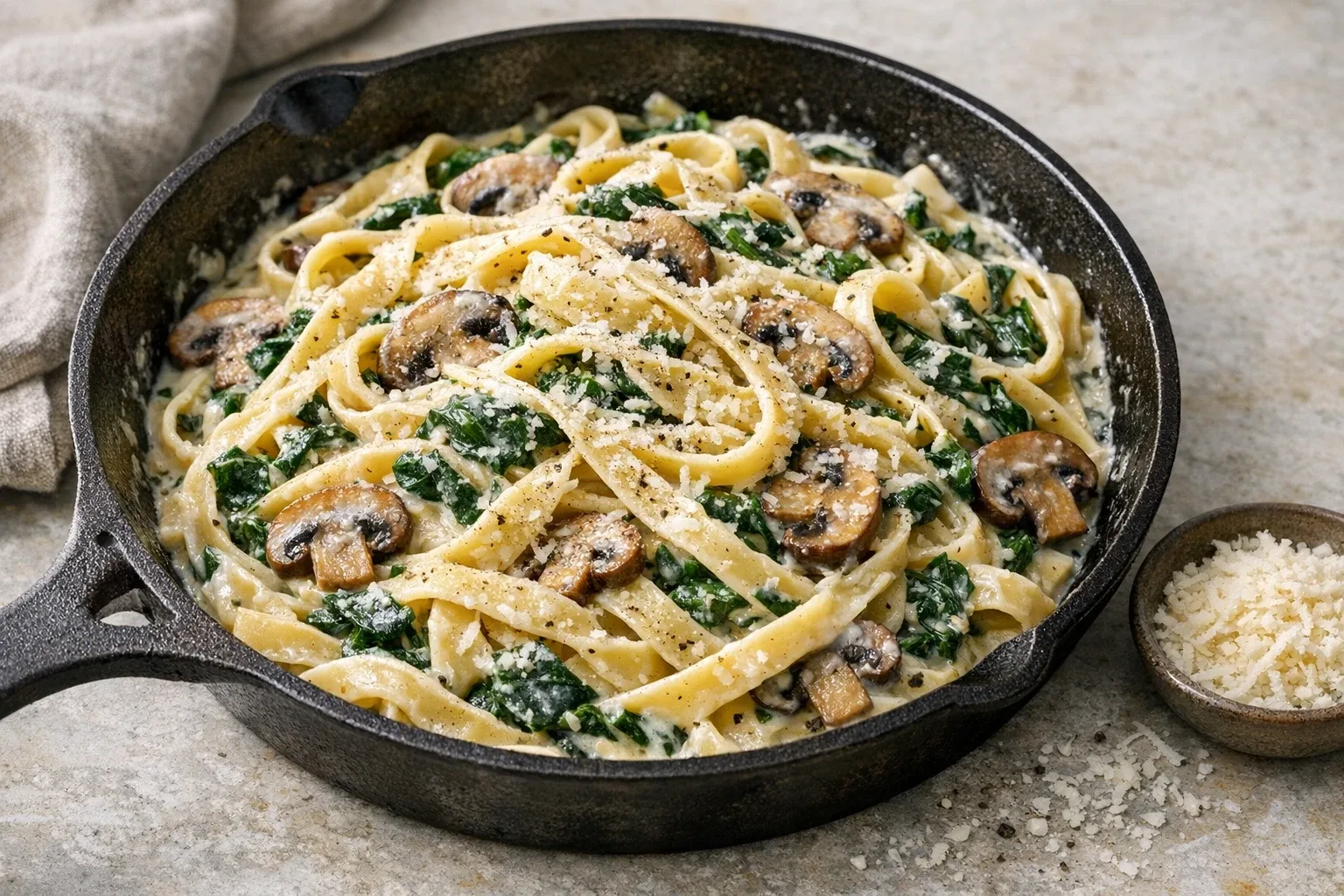 Spinach and Mushroom Pasta with Parmesan Cream Sauce