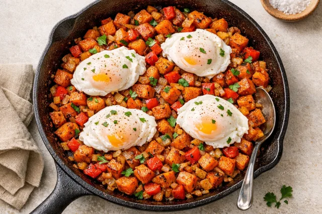 Cinnamon-Spiced Sweet Potato Hash with Poached Eggs