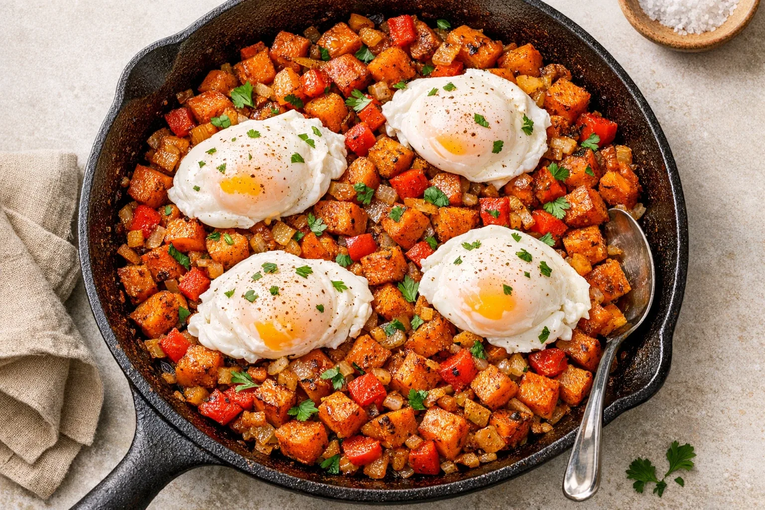 Cinnamon-Spiced Sweet Potato Hash with Poached Eggs